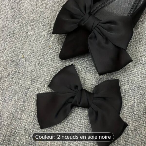 A03   Breloques à chaussures en soie noire à nœud, décorations à boucle amovibles en polyester, pour talons hauts et plates, accessoire cadeau festif