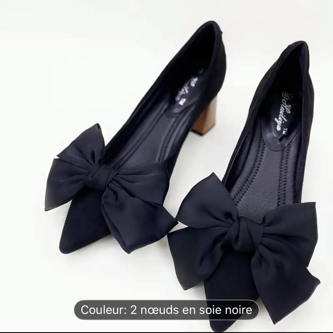 IMG_20250918_120938_832 A03   Breloques à chaussures en soie noire à nœud, décorations à boucle amovibles en polyester, pour talons hauts et plates, accessoire cadeau festif – Image 4